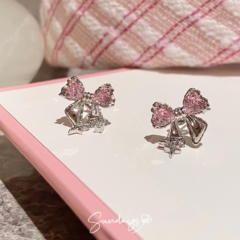 Ay(cn) Anting Zirkon Busur Hati Elegan Untuk Wanita Kristal Perak Stud Earring Perhiasan Aksesoris