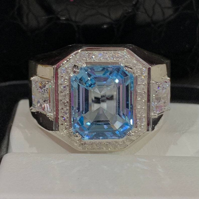 S925 Perak Mewah Pria Biru Zirkon Berlian Baja Titanium Kawin Rings Aksesoris Fashion
