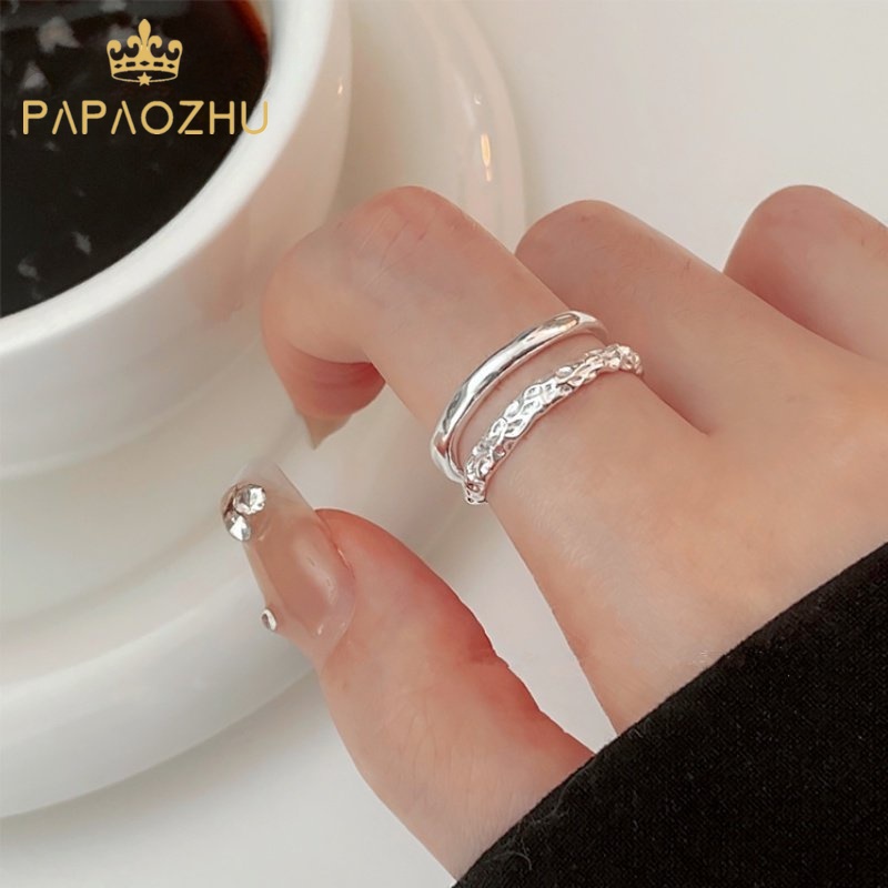 Papaozhu Stylish Double Layer Shiny Silver Wrinkle Open Ring Untuk Wanita Perempuan Trendi Geometris Jari Rings Perhiasan Aksesoris