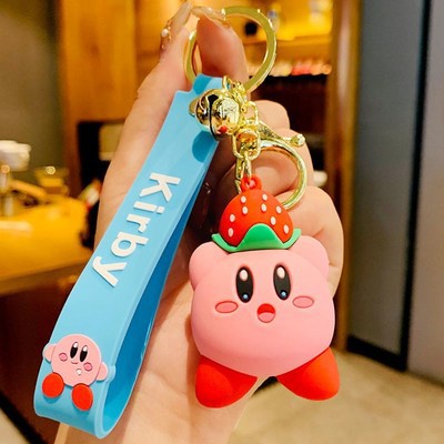 3d Kartun Lucu Merah Muda Kirby PVC Gantungan Kunci Dengan Tali Pergelangan Tangan Anti Hilang Mobil Rumah Gantungan Kunci Tas Telepon Case Bluetooth Earphone Cover Charms Liontin Hadiah Untuk Pria Wanita