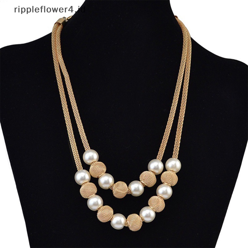 {rippleflower4.id} Wanita Elegan Lapisan Ganda Rantai Jala Bulat Mutiara Imitasi Bola Ch Kalung Fashion Perhiasan Hadiah Pesta~