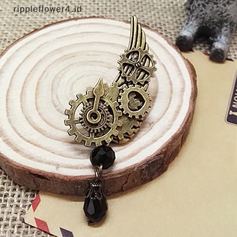 {rippleflower4.id} Bros Sayap Steampunk Gears Pin Dada Retro Punk Gothic Untuk Wanita Pria~