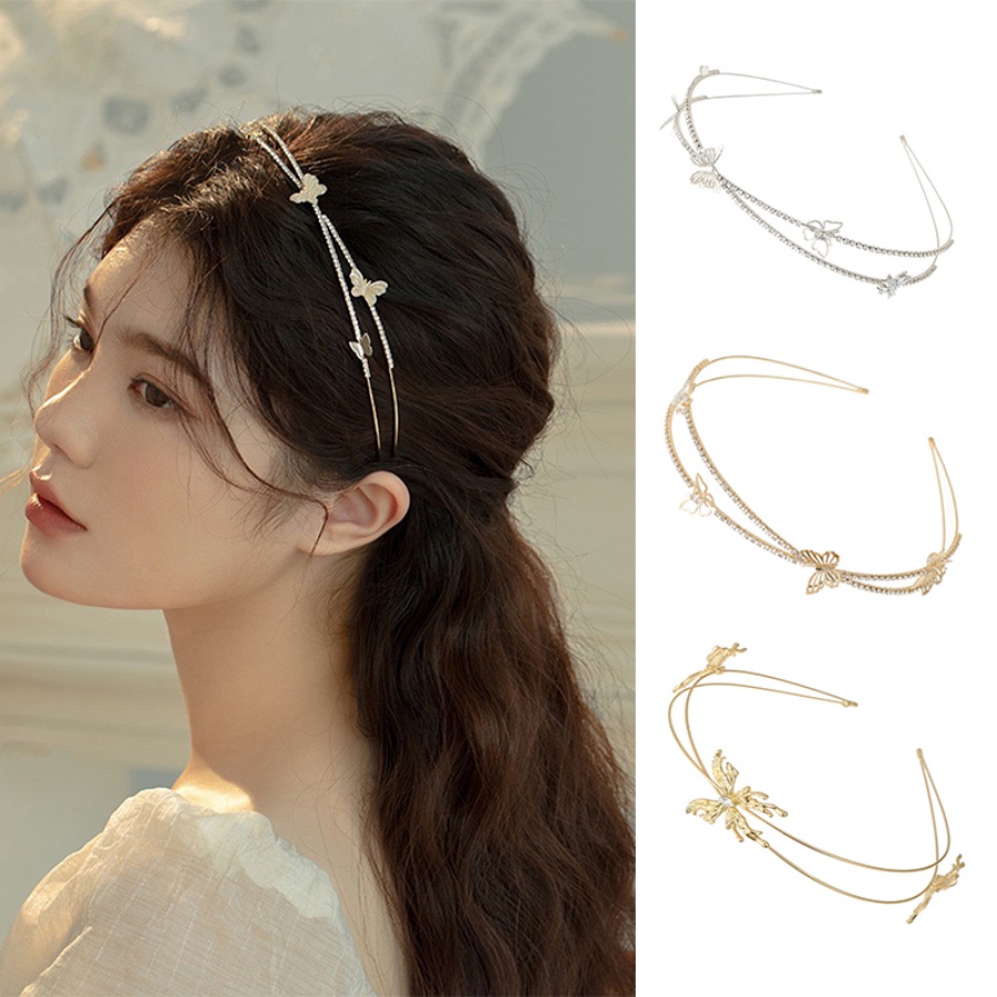 Korea Alloy Kupu-Kupu DoubleLayer Bando Mutiara Berlian Imitasi Kristal Tipis Rambut Band Woman Aksesoris Rambut