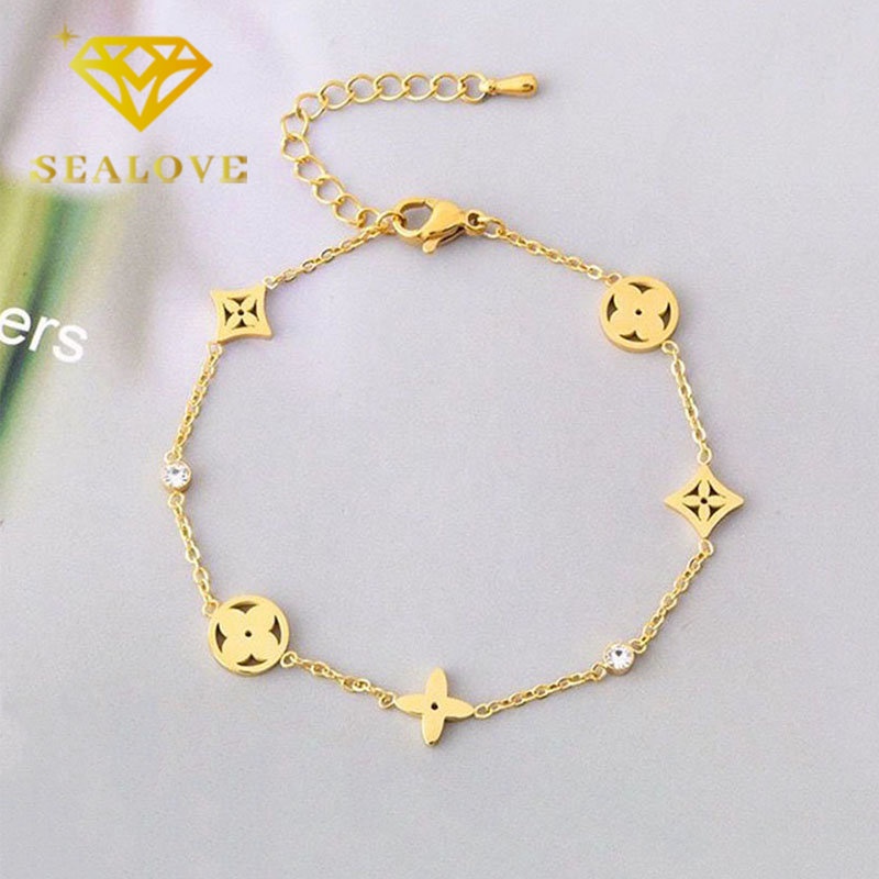 Gelang Titanium Wanita Anti Karat Bunga Keberuntungan Cantik Berlian Emas 18K Aksesoris Perhiasan