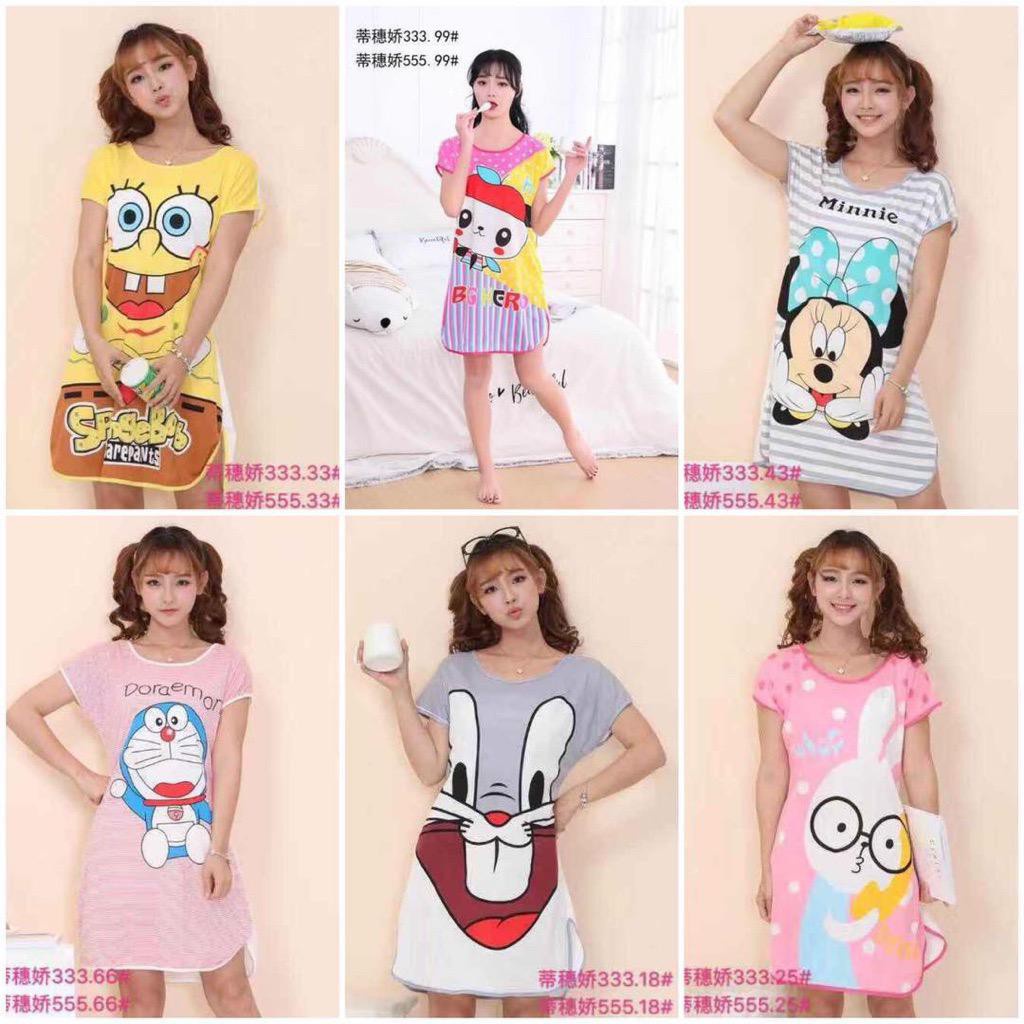 ENZ ® Baju Tidur Model Daster Bahan Spandex Korea Lengan Pendek Motif Kartun Lucu 1052