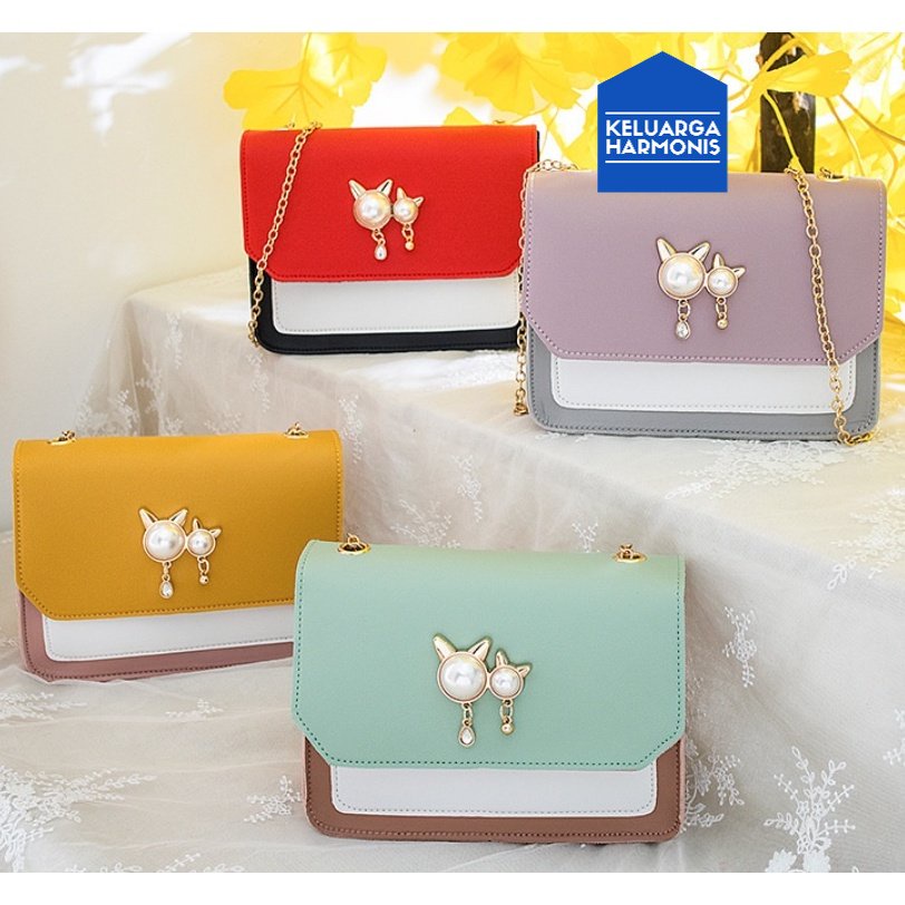 KH Tas Korea Wanita Selempang Motif Mutiara Kucing Woman Fashion Bag Pearl Cat Tas Import A4