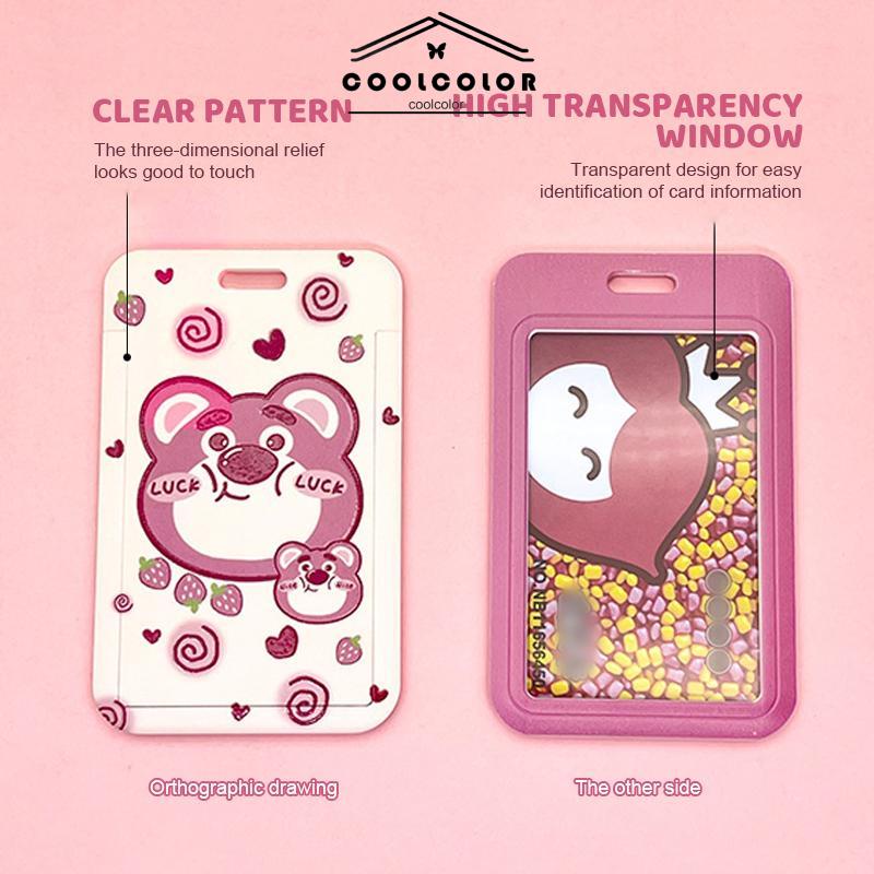 COD❤️Strawberry Bear Slid Cover Plastik Kartun Set Kartu Mahasiswa Kampus Kartu Tali Panjang Pelindung- cl
