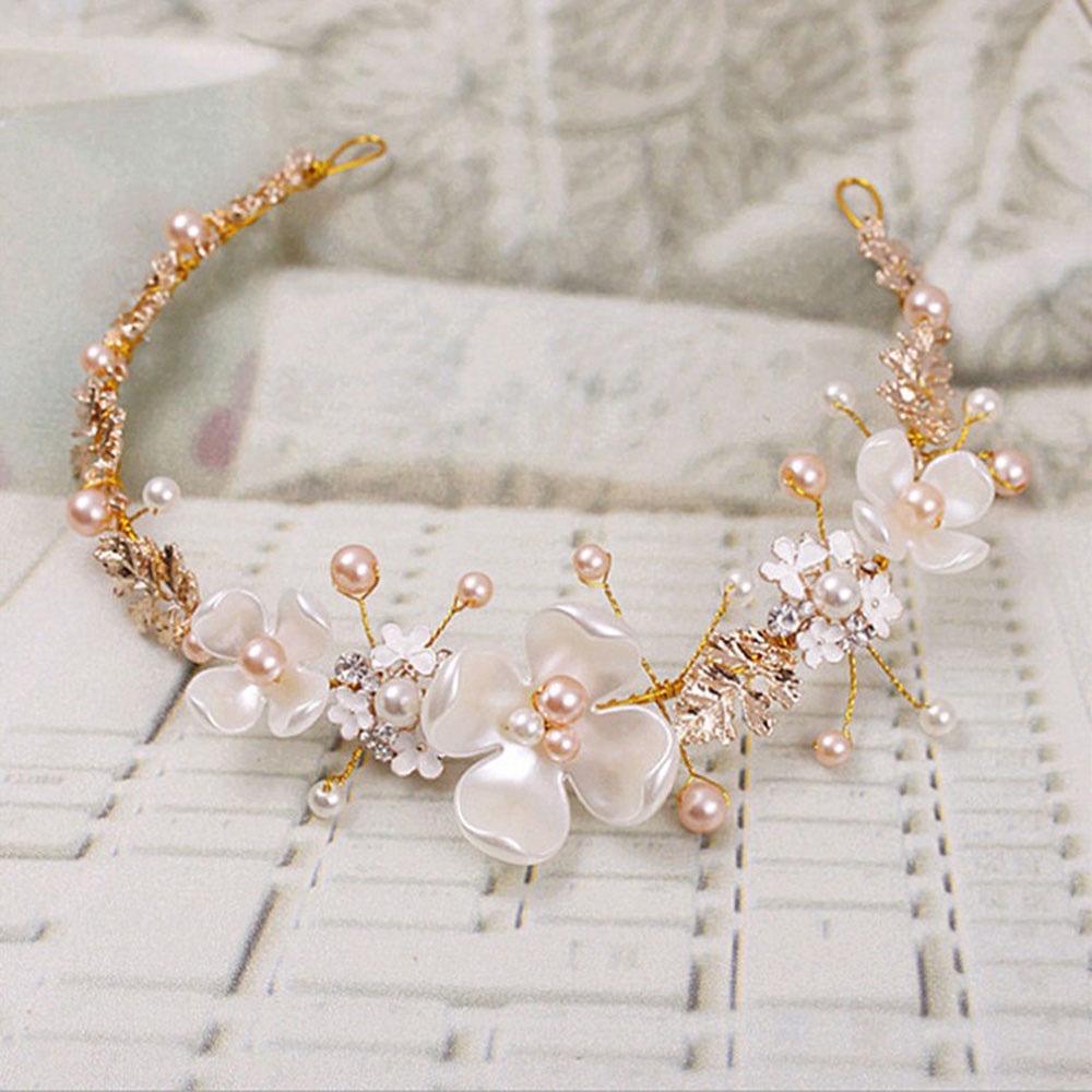 Handmade Bando Bunga Pernikahan Mutiara Imitasi Garland Aksesoris Rambut Pengantin Gold Wreath Crown Tiara Headband