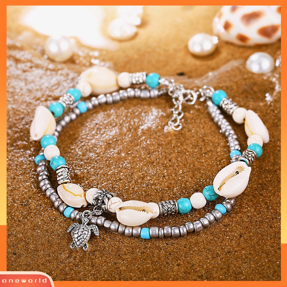 [WOD] Wanita Turtle Charm Faux Turquoise Manik-Manik Lapisan Ganda Gelang Kaki Perhiasan Pantai