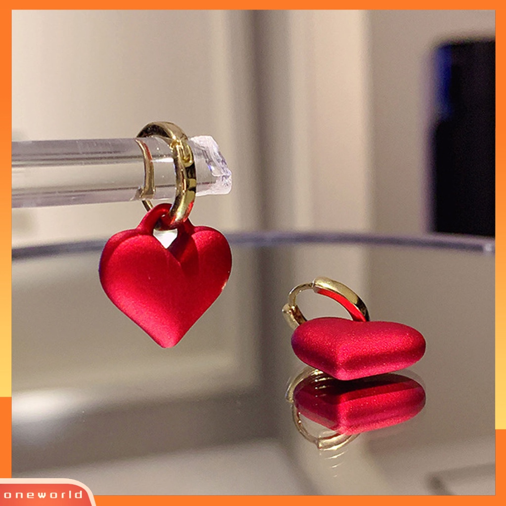 [WOD] 1pasang Anting Klip Romantis Mewah Paduan Frosted Merah Hati Drop Earrings Perhiasan Pesta