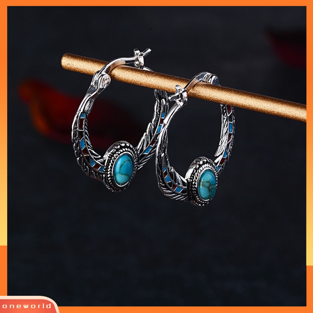 [WOD] Vintage Wanita Faux Turquoise Hias Bulu Menjuntai Hoop Earrings Perhiasan Hadiah