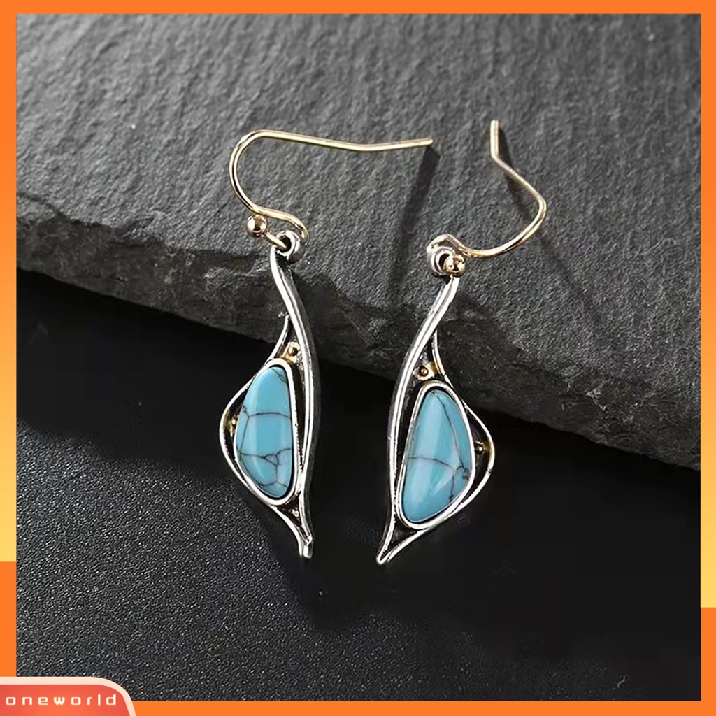 [WOD] 1pasang Tindik Compact Lady Earrings Alloy Blue Turquoise Irregular Hook Menjuntai Anting Perhiasan Aksesoris