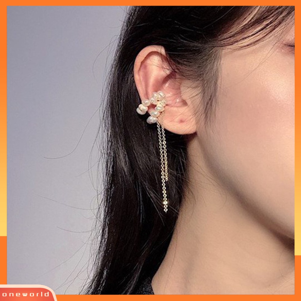 [WOD] 1pasang Indah C-shaped Asymmetric Faux Pearl Earring Ear Cuff Perhiasan Aksesori