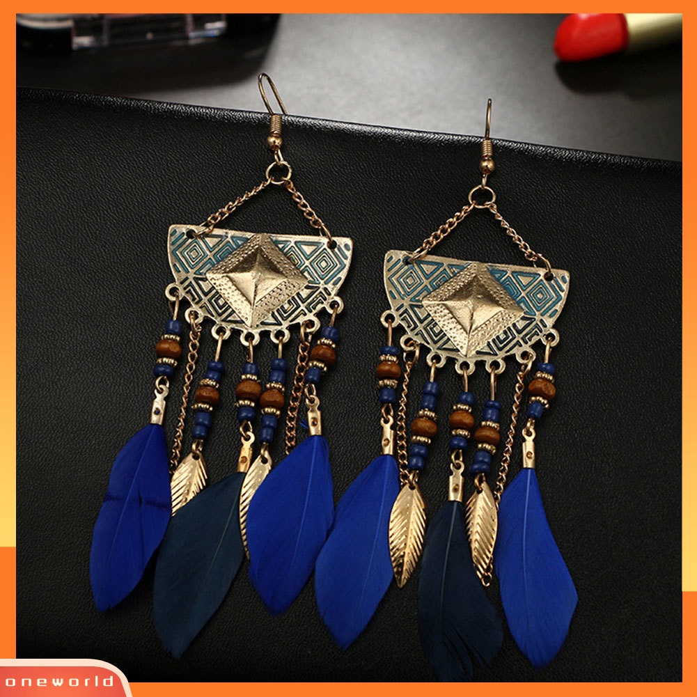 [WOD] Boho Geometris Bentuk Kipas Rumbai Manik-Manik Anting Bulu Statement Lady Ear Hooks