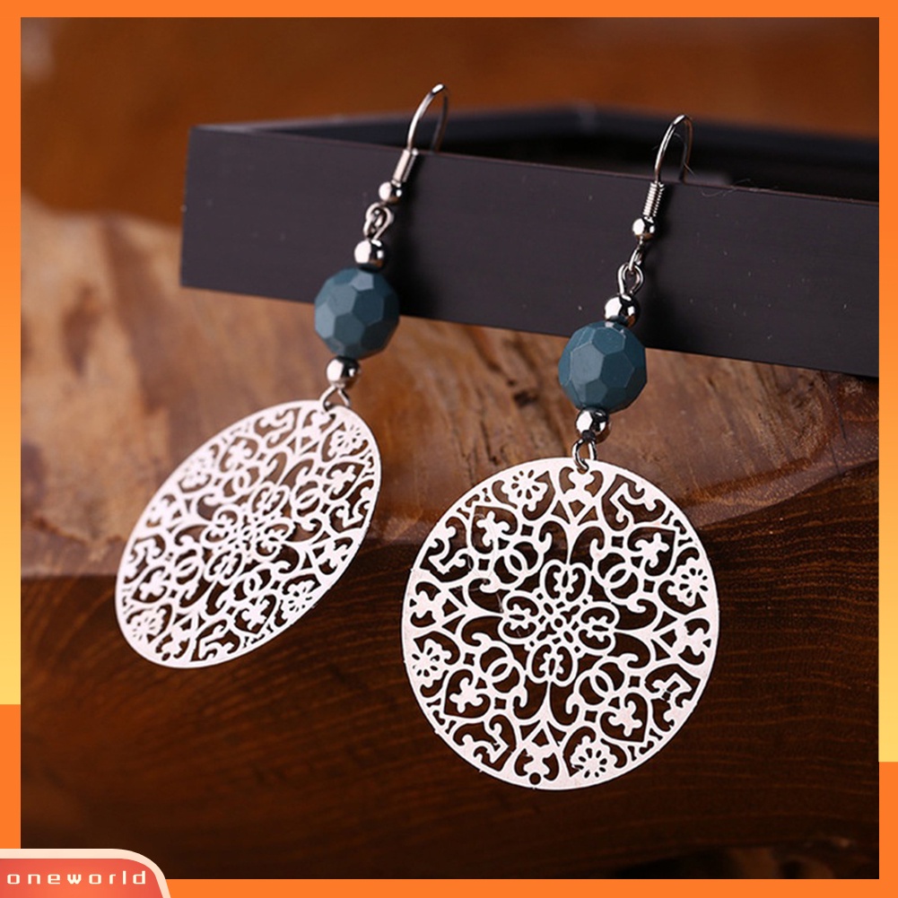 [WOD] Vintage Wanita Anting Kait Besar Berongga Bulat Bunga Manik Liontin Perhiasan Pesta