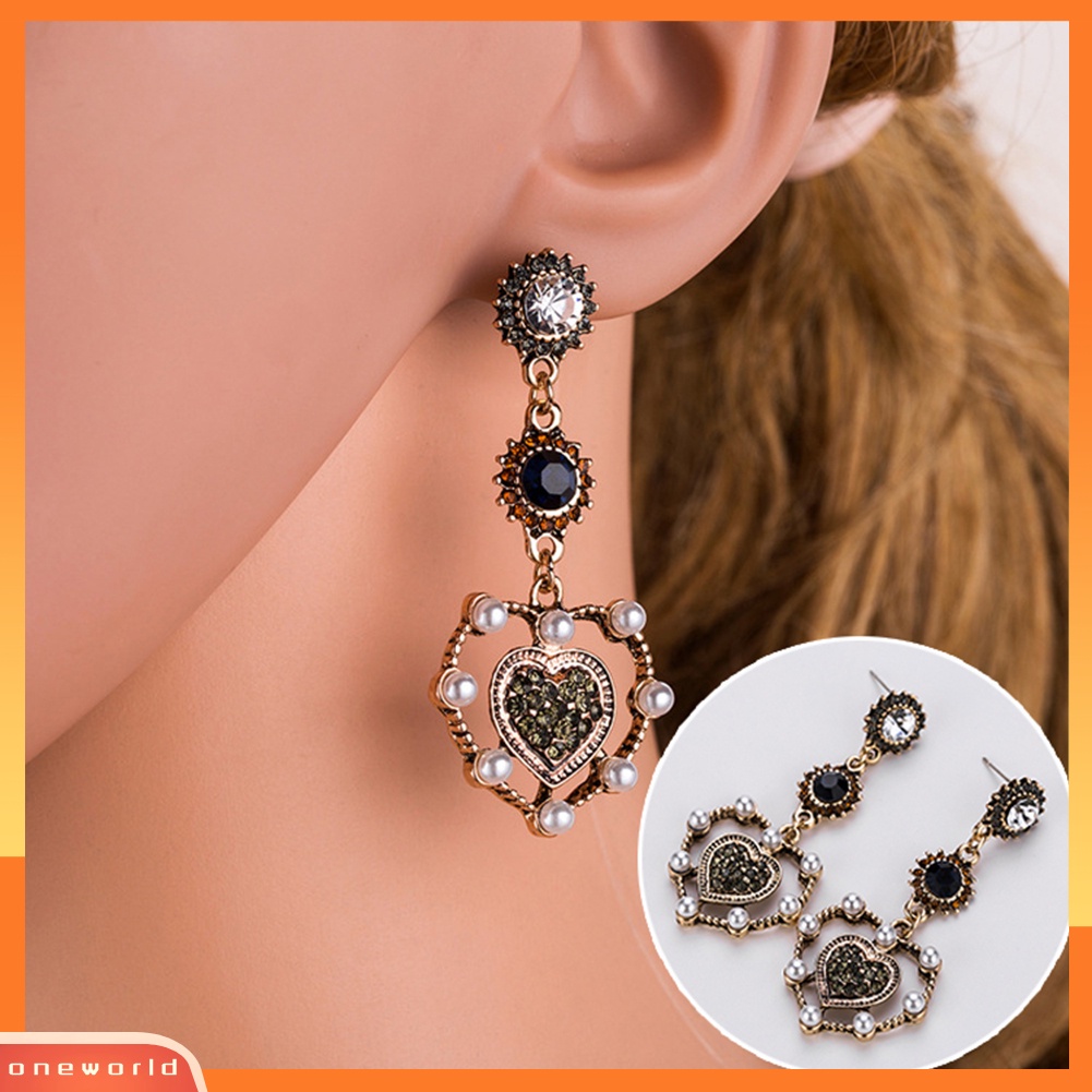 [WOD] Vintage Wanita Mutiara Imitasi Berlian Imitasi Jantung Telinga Drop Menjuntai Anting Perhiasan Hadiah