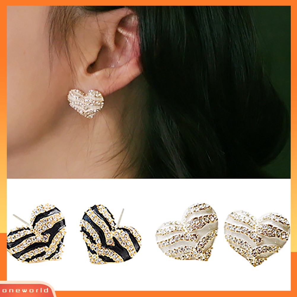 [WOD] Fashion Wanita Zebra Kristal Berlian Imitasi Bentuk Hati Ear Stud Earrings Jewelry