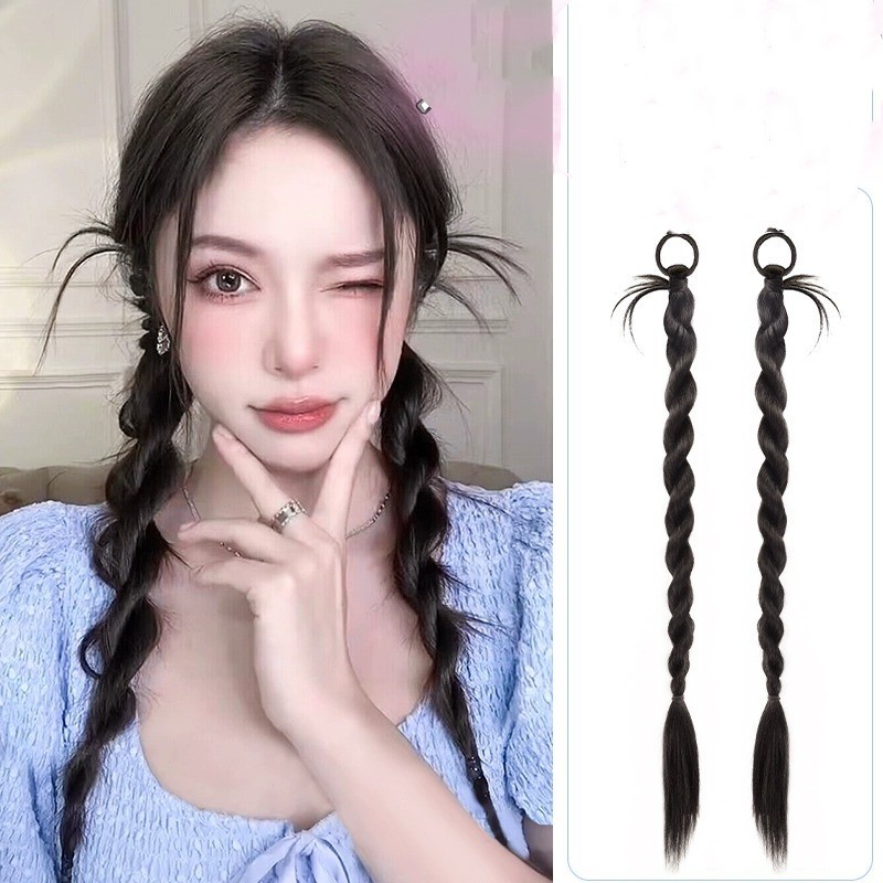 2pcs Y2K Gadis Keren Kepang Double Ponytail Wig Untuk Wanita Ekstensi Rambut 60CM