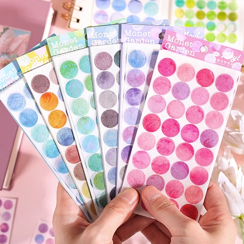 6 Lembar Morandi Color Monet Garden Series Round Dot Stickers Klasik Hias DIY Polkadot Stiker