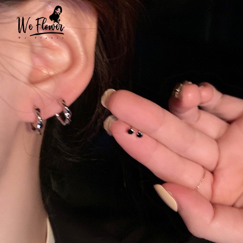 We Flower 4 Pcs Chic Hitam Kubus Zirkon s925 Perak Twist Hoop Earrings Untuk Wanita Perempuan Korea Trendi Geometris Lingkaran Bulat Anting-Anting Set Perhiasan