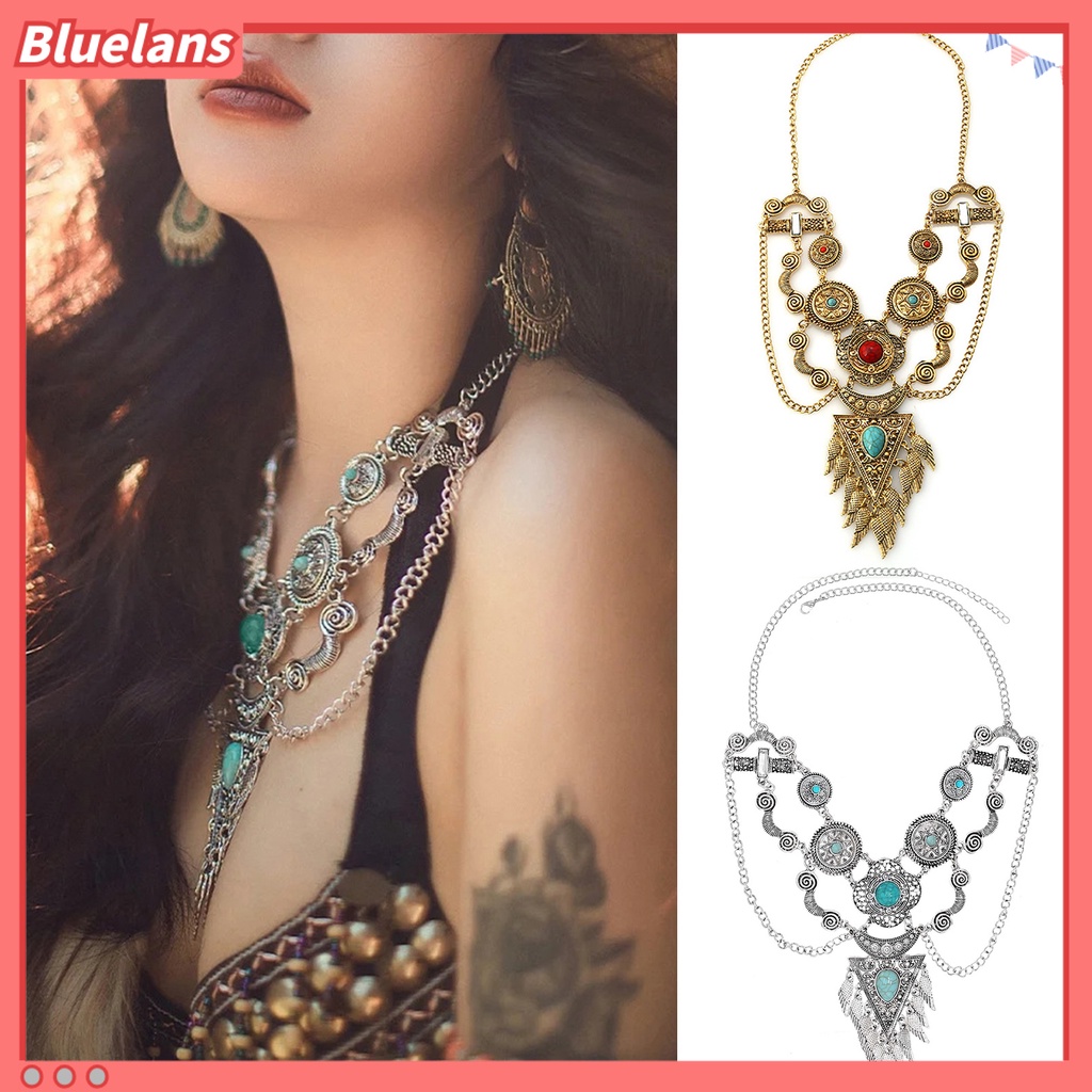 [BLS] Ladies Necklace Berlebihan Vintage Multi-layer Handmade Adjustable Dress Up Cantik Gaya Etnik Vintage Ukiran Kalung Pesta Perhiasan