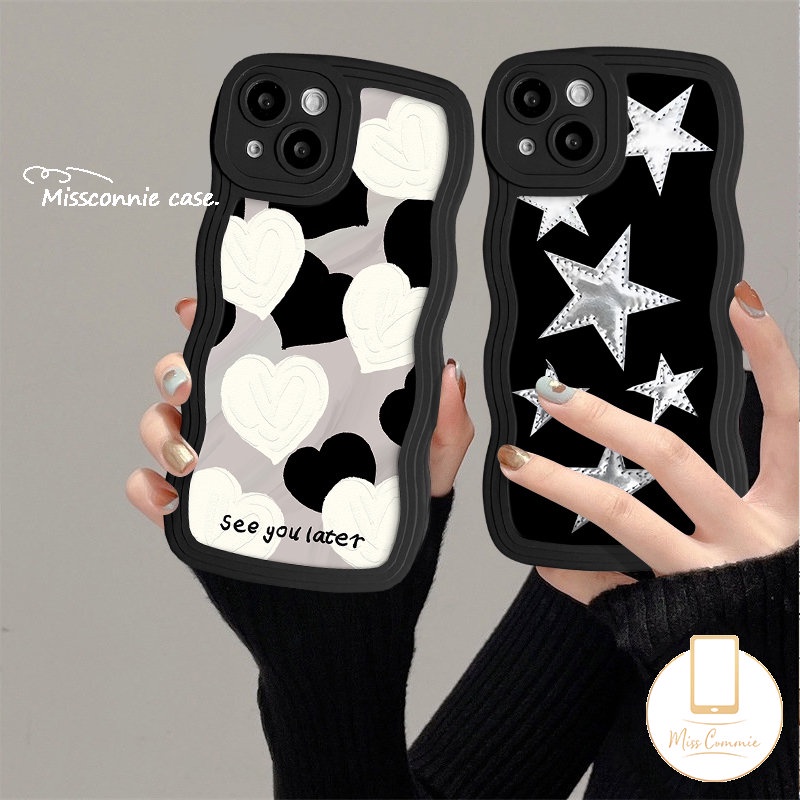 Fashion Seni Sederhana Lukisan Minyak Cinta Hati Ponsel Case Kompatibel Untuk IPhone XR 11 14 13 12 Pro Max 7Plus 8Plus 7 6s 6 8 14 Plus XS Max X SE 2020 Bintang Bersinar Lembut Bergelombang Edge Case