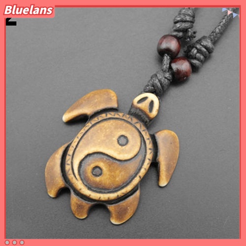 [BLS] Retro Wanita Pria Faux Bone Wax Cord Yin Yang Tai Chi Turtle Pendant Kalung Hadiah