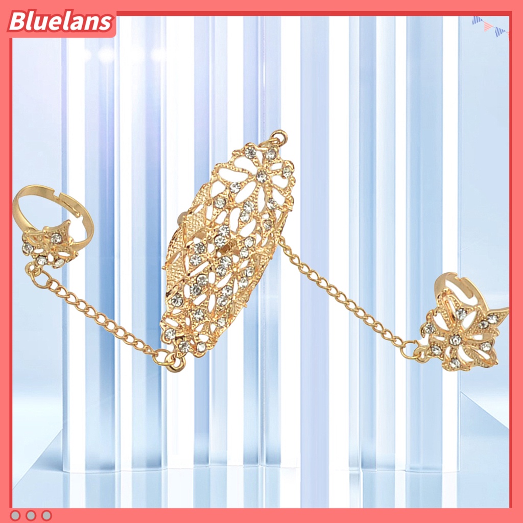 [BLS] Cincin Pembukaan Berlian Imitasi Tertanam Alloy Warna Emas Berlubang-out Leaf Dual Finger Chain Ring Untuk Pacaran