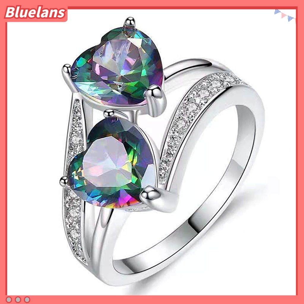 [BLS] Cincin Wanita Double Heart Sparkling Cubic Zirconia Fashion Penampilan Pita Jari Untuk Pesta