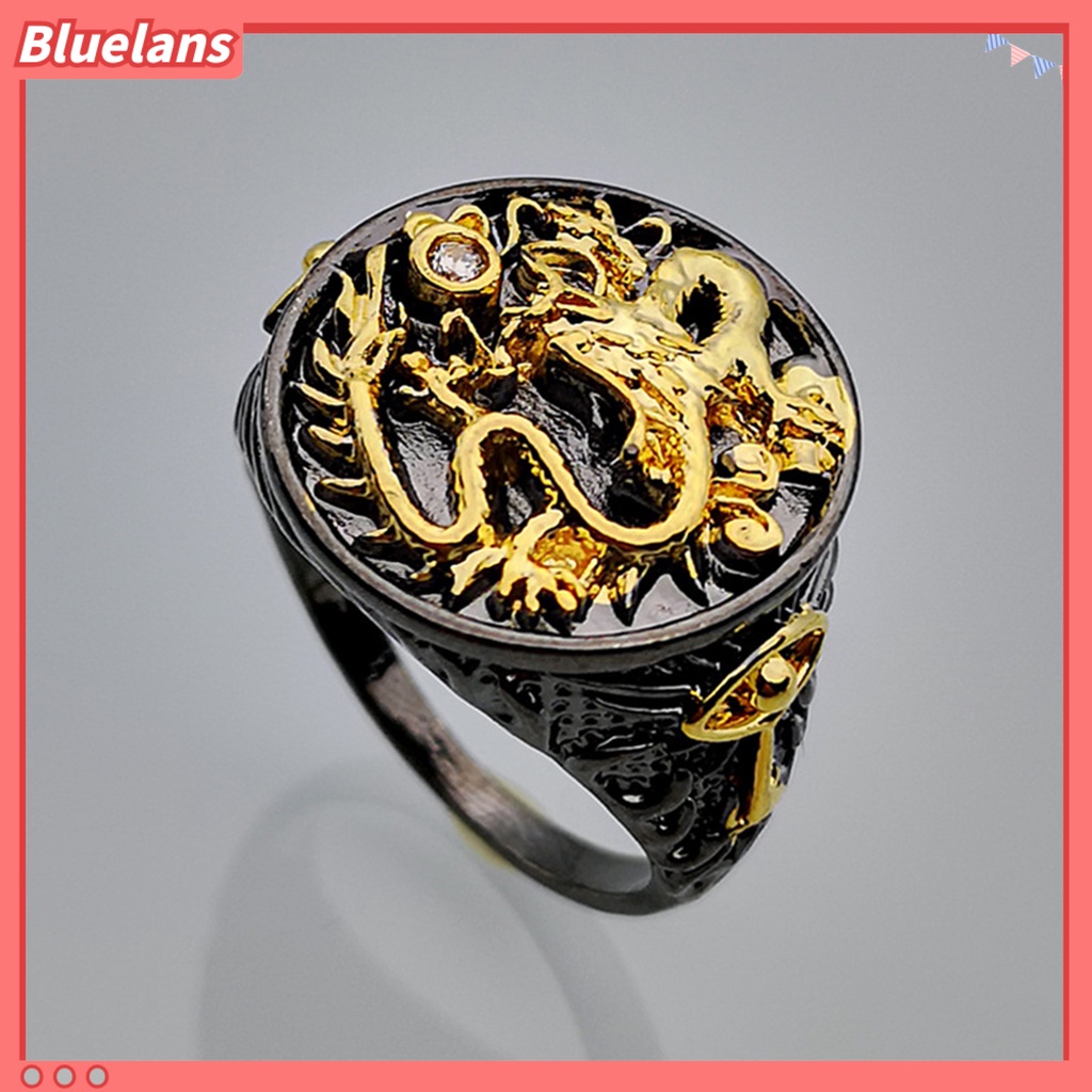 [BLS] Pria Cincin Berlapis Emas Two-tone Vintage Geometris Electroplating Dekorasi Hadiah Naga Cina Laki-Laki Jari Cincin Aksesoris Perhiasan Untuk Hadiah