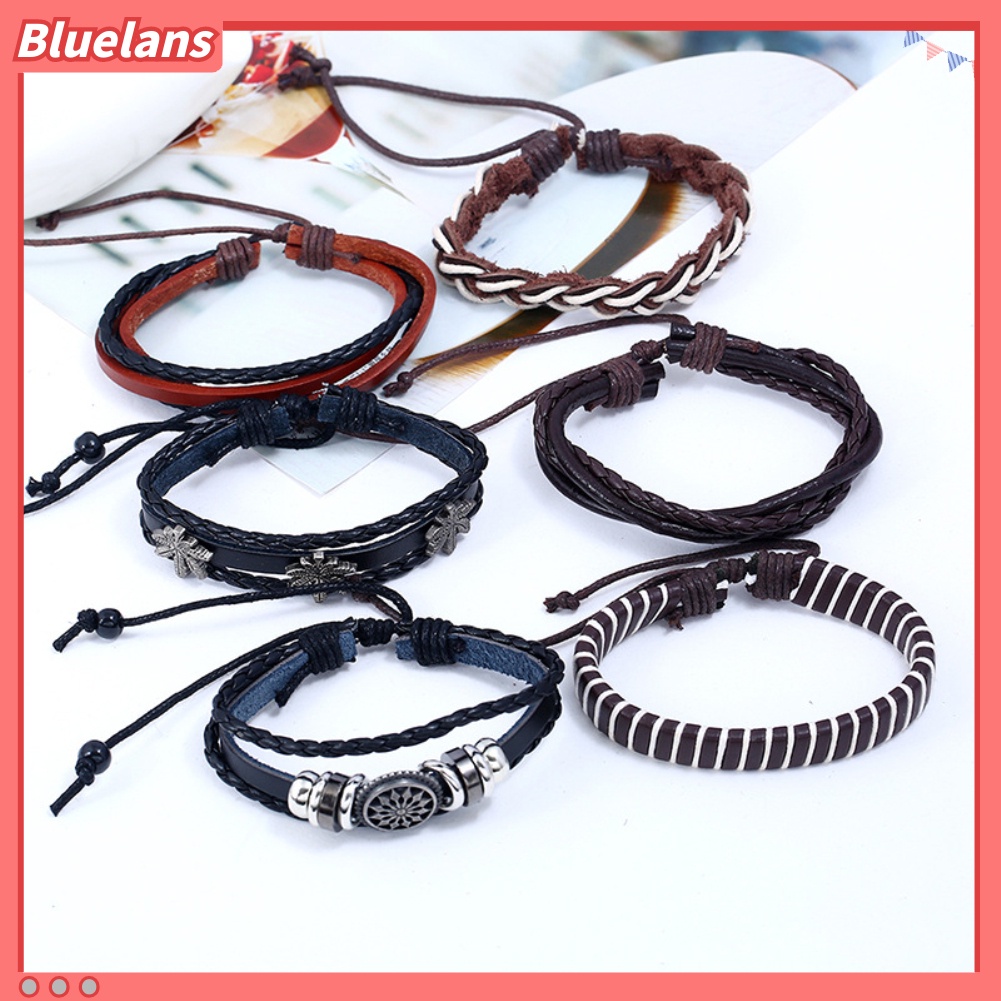 [BLS] 6 Pcs Retro Pria Kulit Imitasi Hip Pop Punk Tengkorak Daun Kepang Gelang Pergelangan Tangan Perhiasan