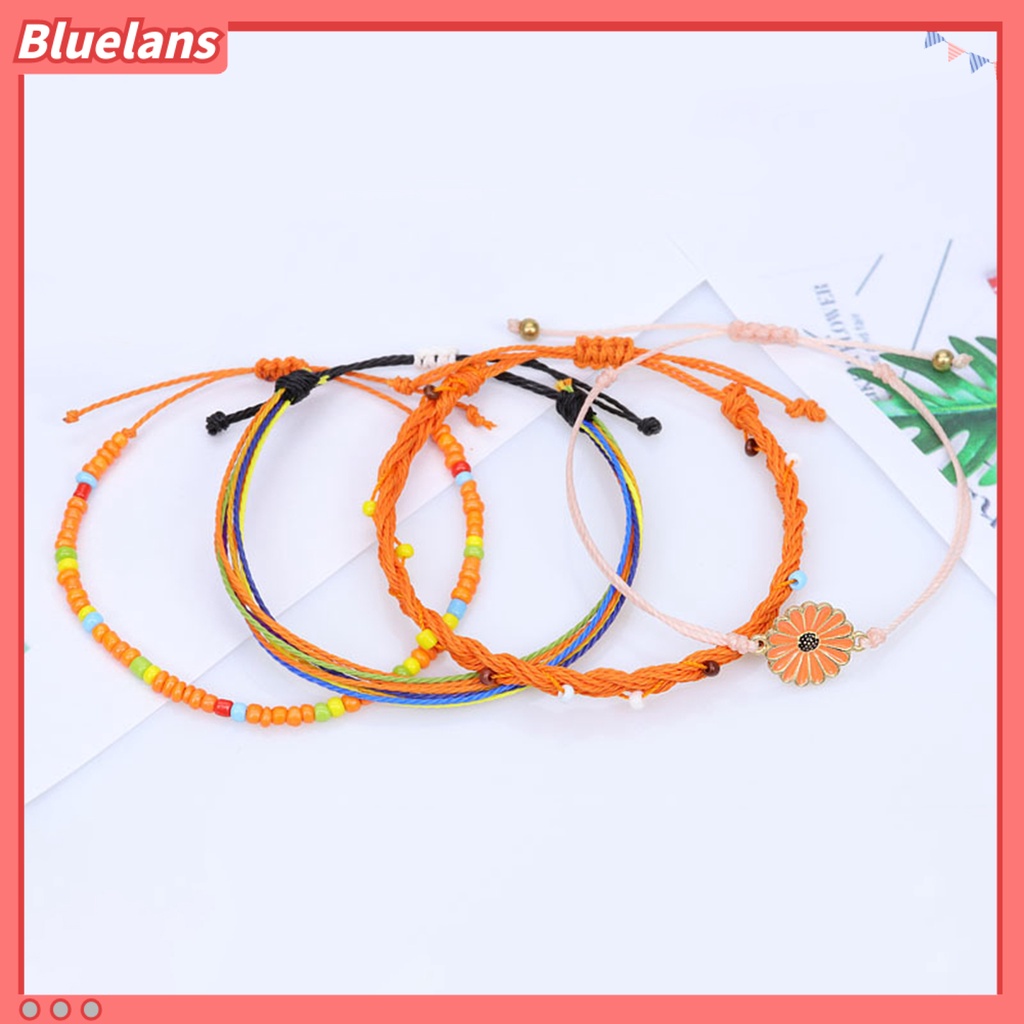 [BLS] 4pcs Wanita Gelang Gaya Bohemian Paduan Tahan Air Tenun Tangan Gelang Braided Bangle Dengan Liontin Set Hadiah Ulang Tahun