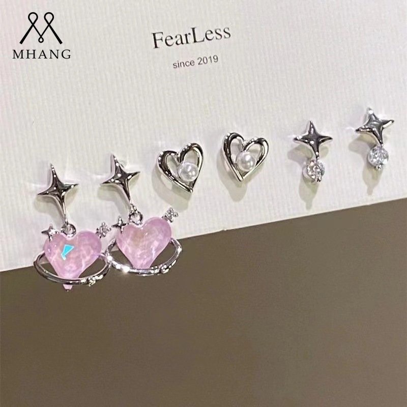 6 Pcs/Sweet Cool Zircon Pink Heart Earring Set Gaya Korea Vintage Mutiara Hati Anting Perak2023New Fashion Aksesoris