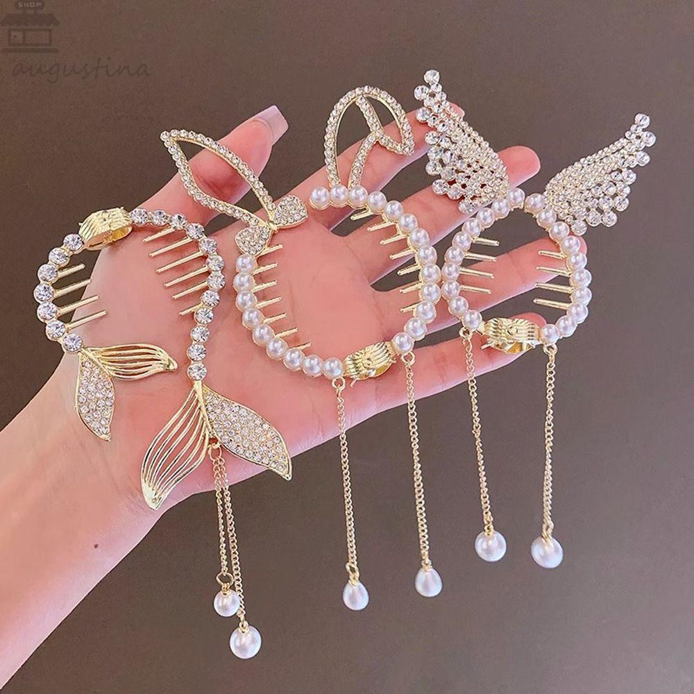 Agustina Bun Ponytail Holder Elegan Hiasan Kepala Vintage Sayap Hair Clip Gadis Jepit Rambut Rumbai Telinga Kelinci Kristal Korea Hair Claw