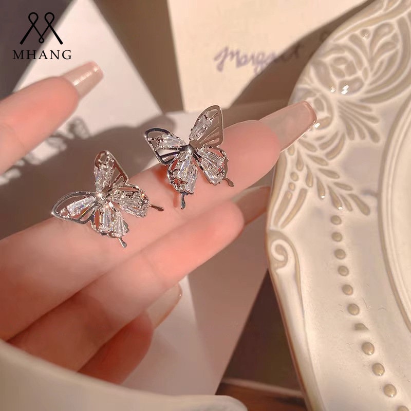 Anting Tusuk Hollow Zircon Butterfly S925 Perak Manis Vintage Anting Kupu Kristal2023Aksesoris Terbaru