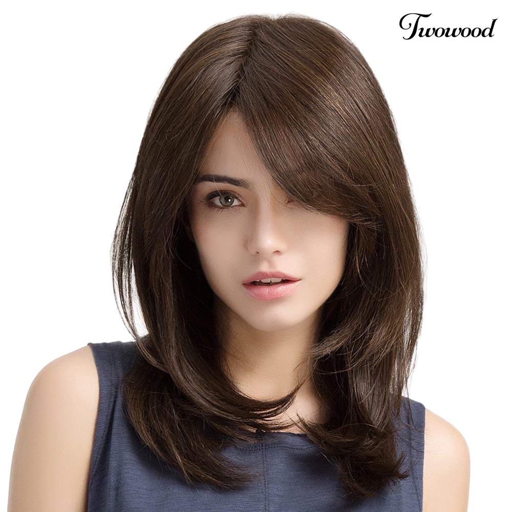 Twowood Fashion Wanita Alami Panjang Lurus Wig Sideswept Poni Cosplay Pesta Sopak