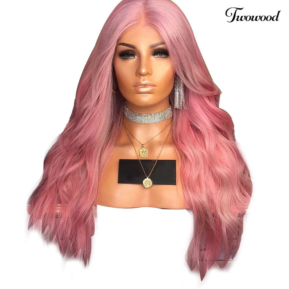 Twowood Fashion Pink Panjang Bergelombang Belah Samping Wig Alami Wanita Cosplay Pesta Sopak