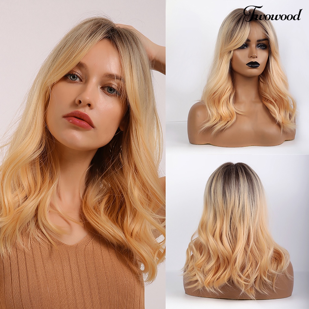 Twowood Wanita Bergelombang Medium Rambut Panjang Fashion Tahan Panas Pesta Cosplay Wig Sintetis