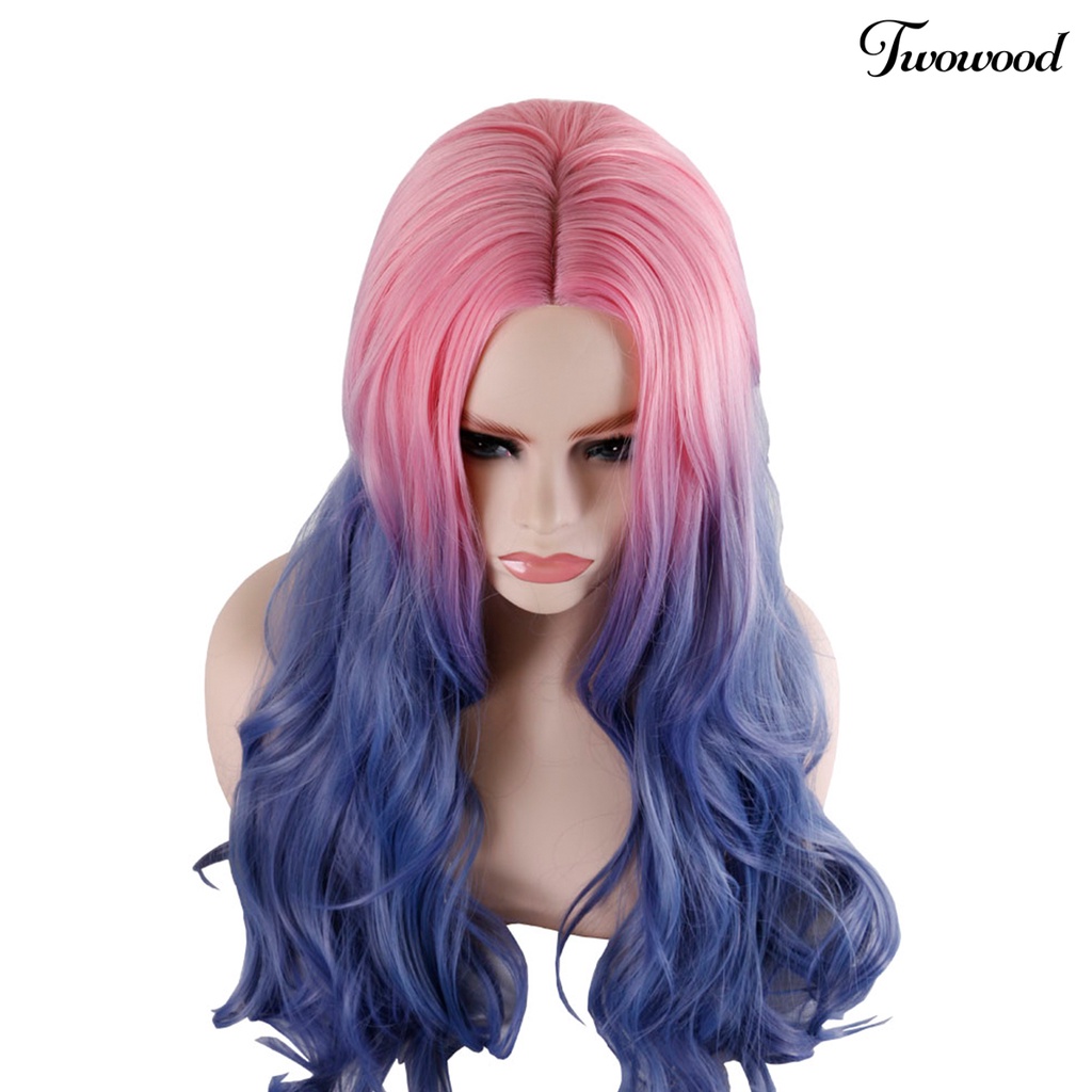 Twowood Fashion Wanita Panjang Keriting Rambut Gradien Warna Cosplay Wig Ekstensi Sopak