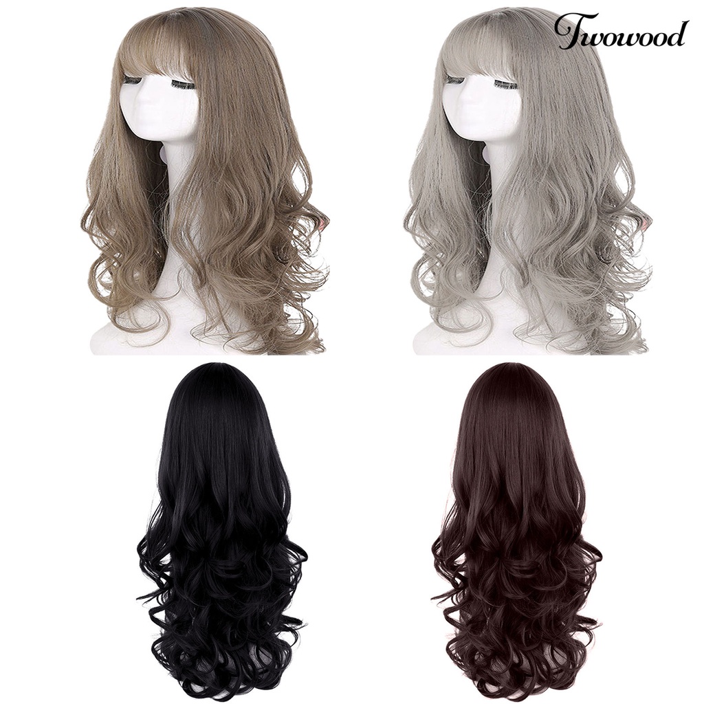 Twowood Sopak Gelombang Besar Nyaman Wanita Poni Alami Wig Keriting Panjang Untuk Pesta