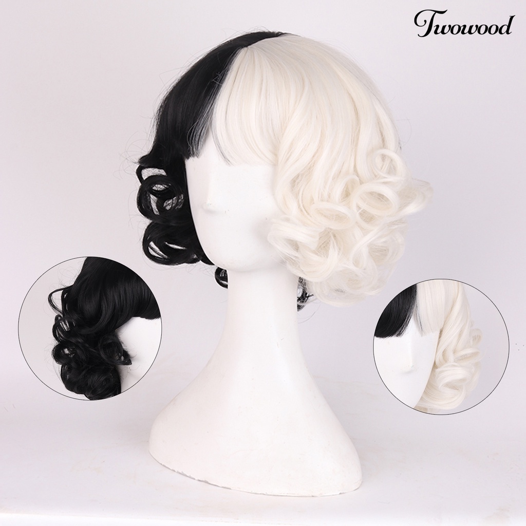 Twowood Cruella Wig Vivid Styles Wavy Skin-Friendly Deville Cosplay Wig Curly Half White Black Wig Untuk Perempuan