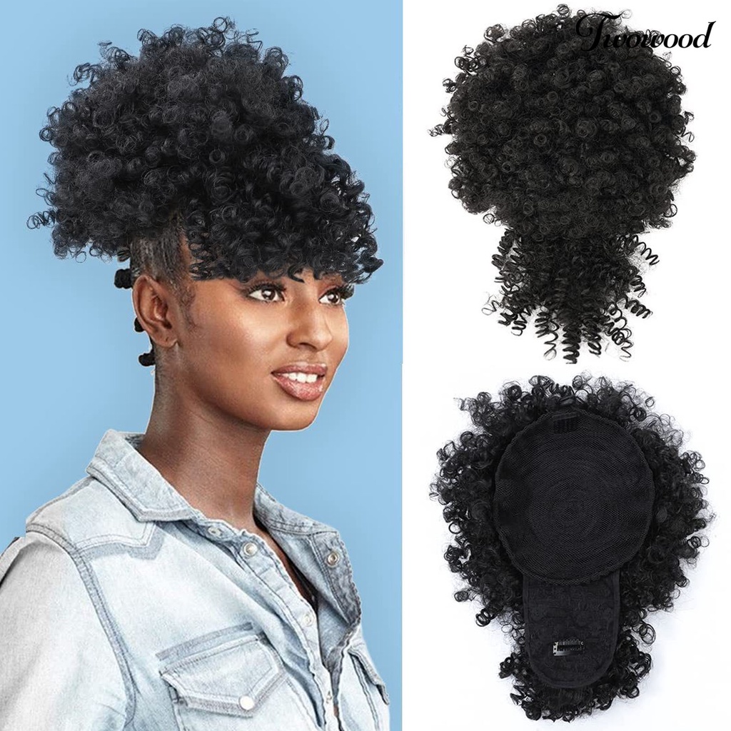 Twowood Curly Wig Fluffy Natural Look Soft Touch Realistis Hias Resilient African Curly Serut Ponytail Wig Dengan Poni Gadis Pasokan