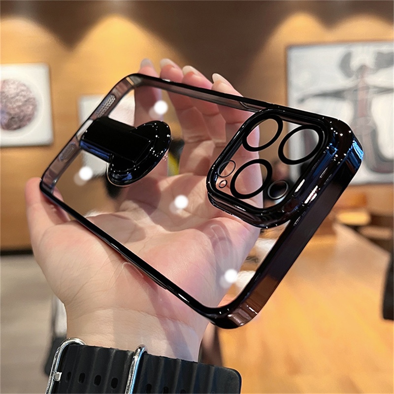 Pelindung Kamera Mewah Lensa case iPhone 14 Pro Max case Dengan Stand14 plus case Iphone12 13 Pro Max Berlapis Transparan shock protection hard back cover