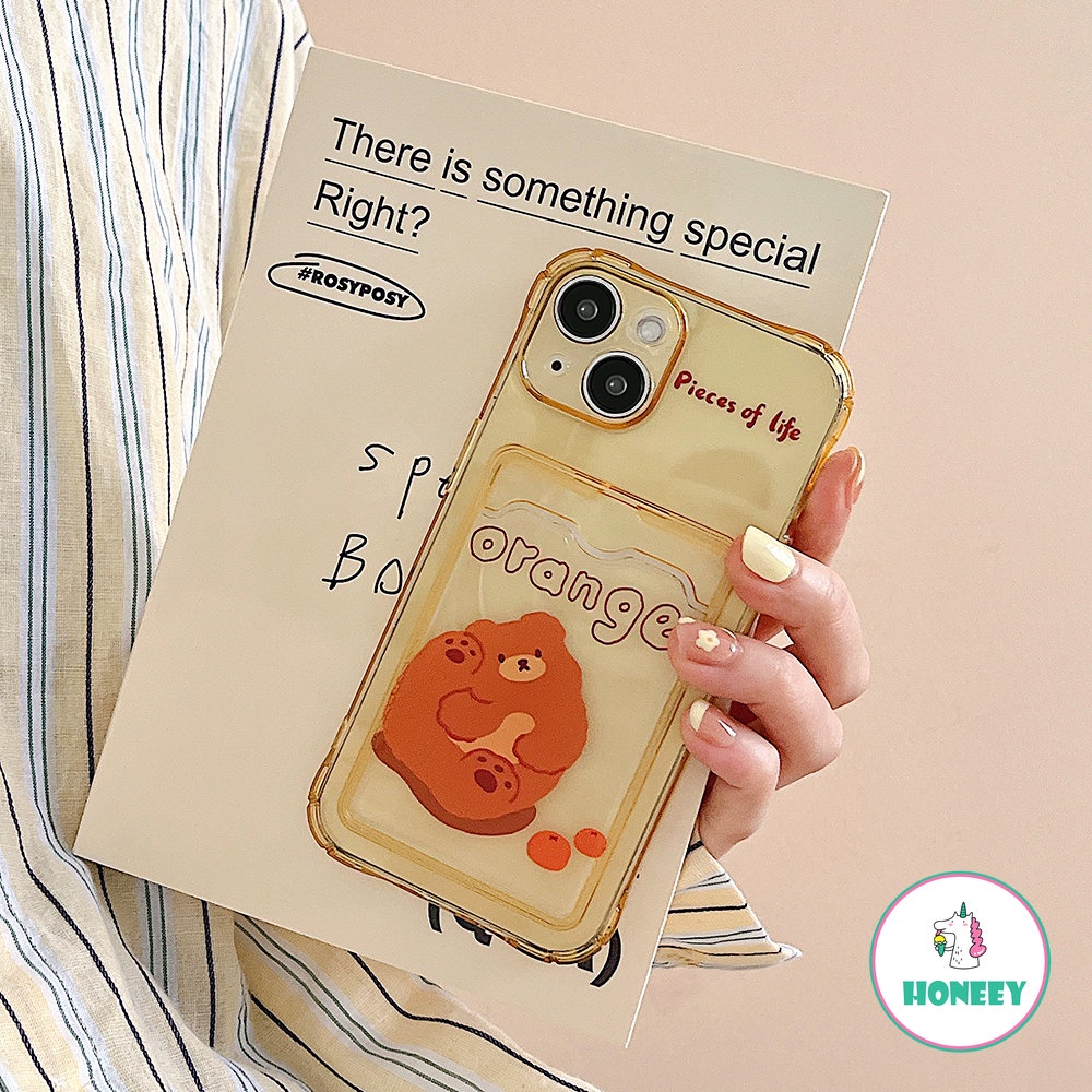 Casing Beruang Dompet Kartu Retro Kompatibel Untuk iPhone 14 Pro Max13 11 12 Pro Max XR X XS Max 7 8plus Orange Bening Shockproof Back Cover