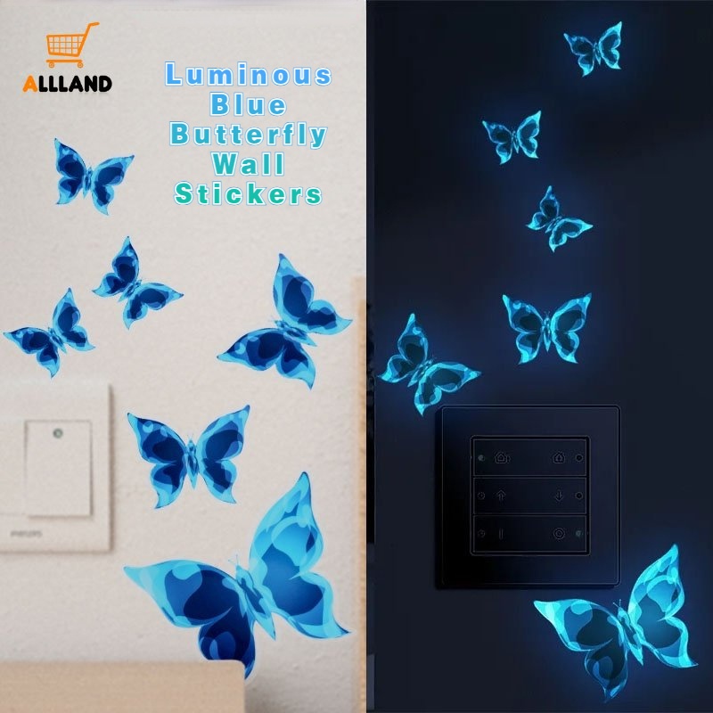 1set Stiker Dinding Kupu-Kupu Biru Bercahaya/ Glow In The Dark Butterfly Switch Decals/ Perlengkapan Dekorasi Ruang Tamu Kamar Tidur