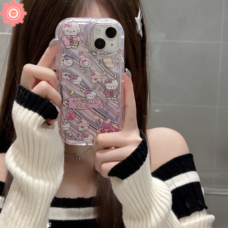 IPHONE Casing Kartu Laser Kerut Stereo 3D Kompatibel Untuk Iphone11Xr 7Plus 13 14 12 Pro Max7 8 6 6S Plus X XS MAX SE 2020kartu Kartun Hello Kitty Vintage Digital Tombol Ponsel Soft Cover