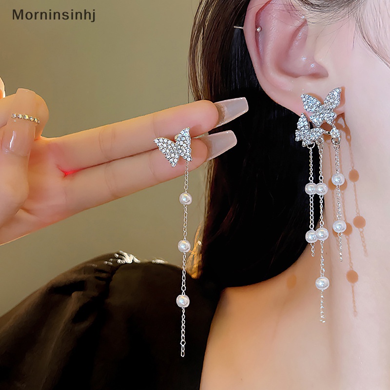 Mornin 1pasang Anting Rumbai Mutiara Kupu-Kupu Warna Silver Temperamen Zirkon Asimetris Pendant Earring Untuk Wanita Perhiasan Gaya Korea id