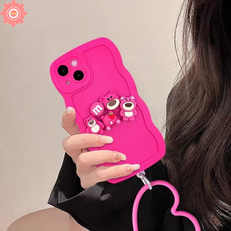 Untuk Redmi 12C 10C 10 9 9T A2 A1 10A 9A 9C A1+ A2+ Note9 10 8 11 10s 9s 11s 10 Pro Max POCO X3 NFC Pro M3 Mi 11T Pro 3D Strawberry Bear Losto Case Dengan Gelang Love Hati