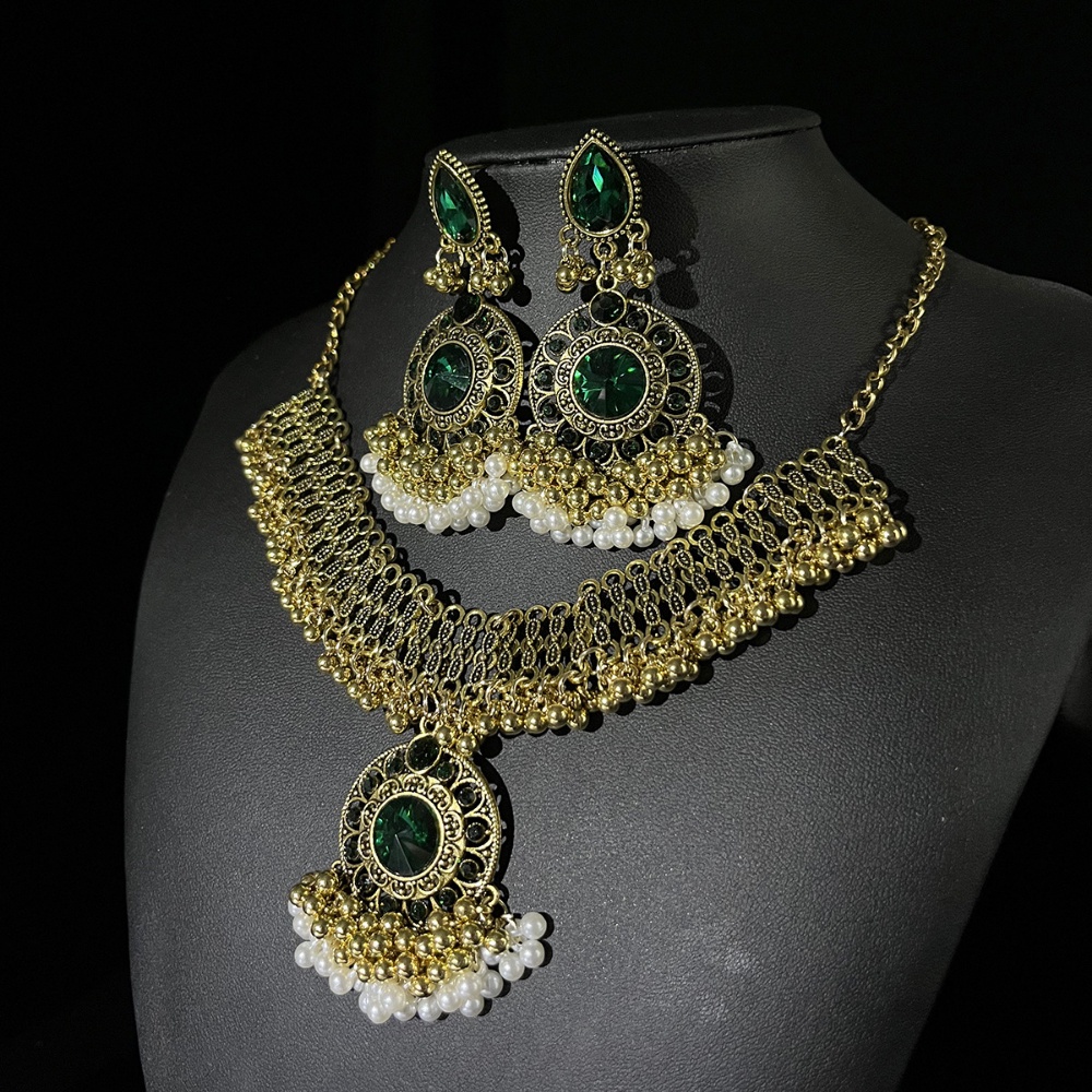 2-piece Set Dari Manik-Manik Batu Permata Retro Gaya Etnik Modis Set Perhiasan Anting Kalung