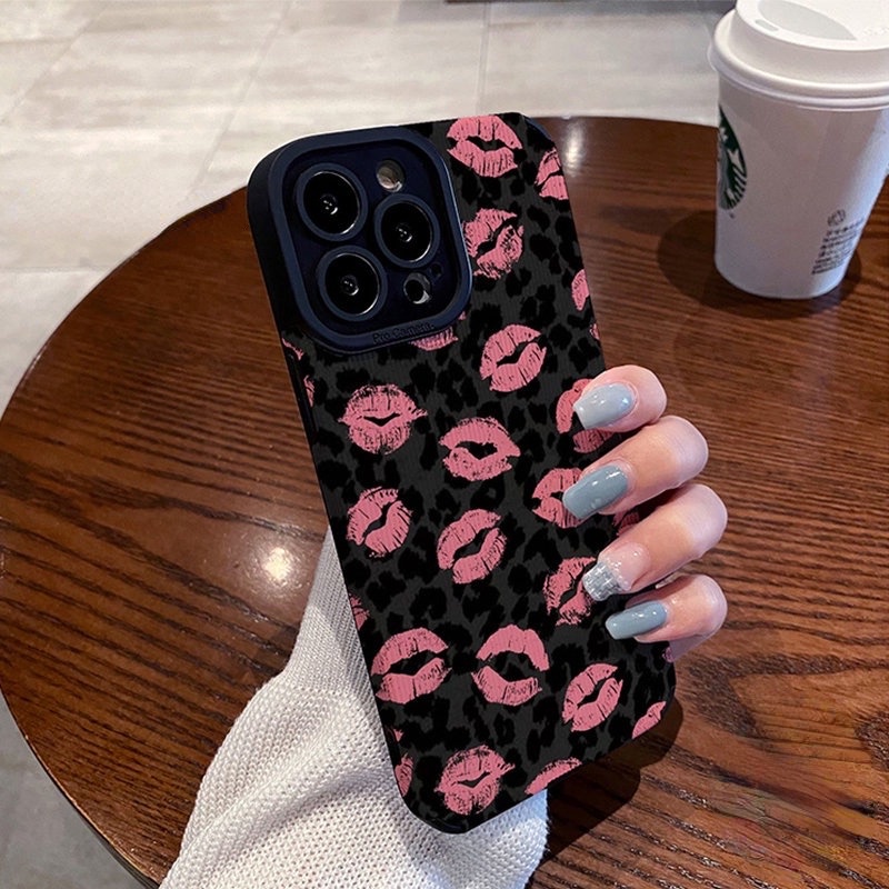 All New Sexy Black&amp;Pink lip print Leather Soft Case IPhone 7 Plus 8 Plus X XS XR XS Max 11 13 12 14 PRO Max 14 Plus SE Mini Phone Case Girl Girl Women's Fashion